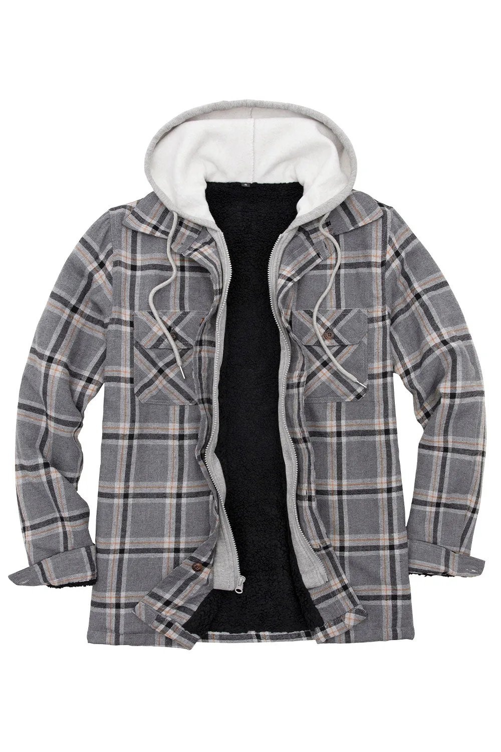 Men's Fuzzy Sherpa Lined Zip Up Plaid Flannel Shirt Jacket with Hood