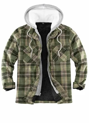 Men's Fuzzy Sherpa Lined Zip Up Plaid Flannel Shirt Jacket with Hood