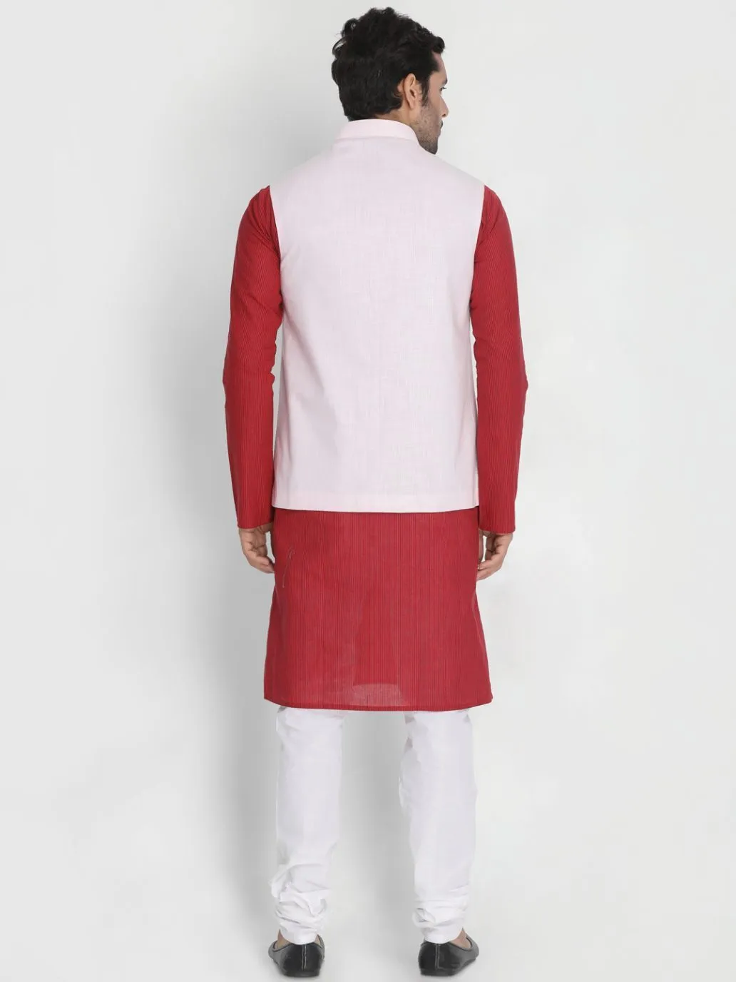 Men's Red Cotton Blend Kurta, Pink Ethnic Jacket and Pyjama Set