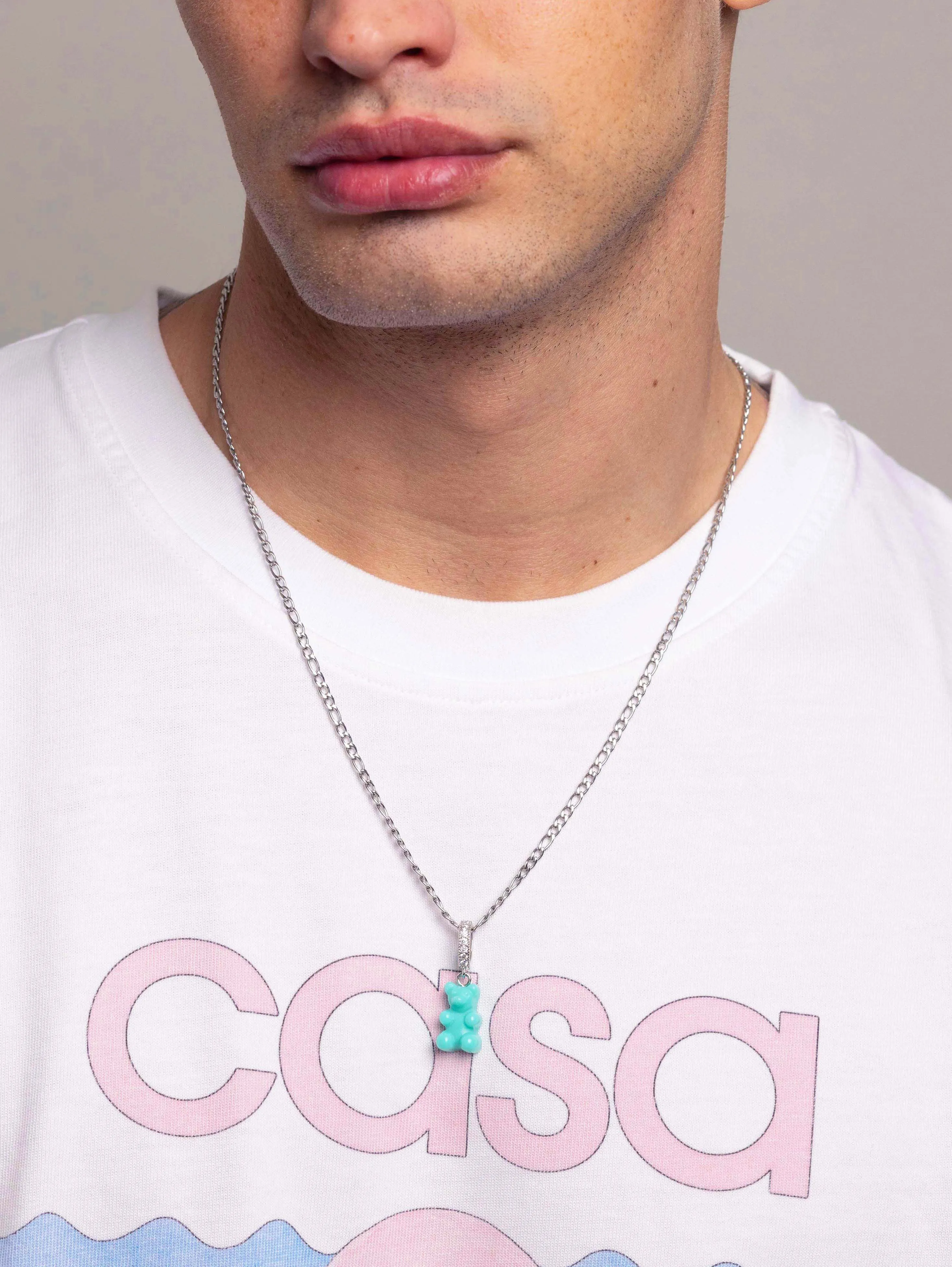 Men's Silver Necklace with Turquoise Gummy Bear