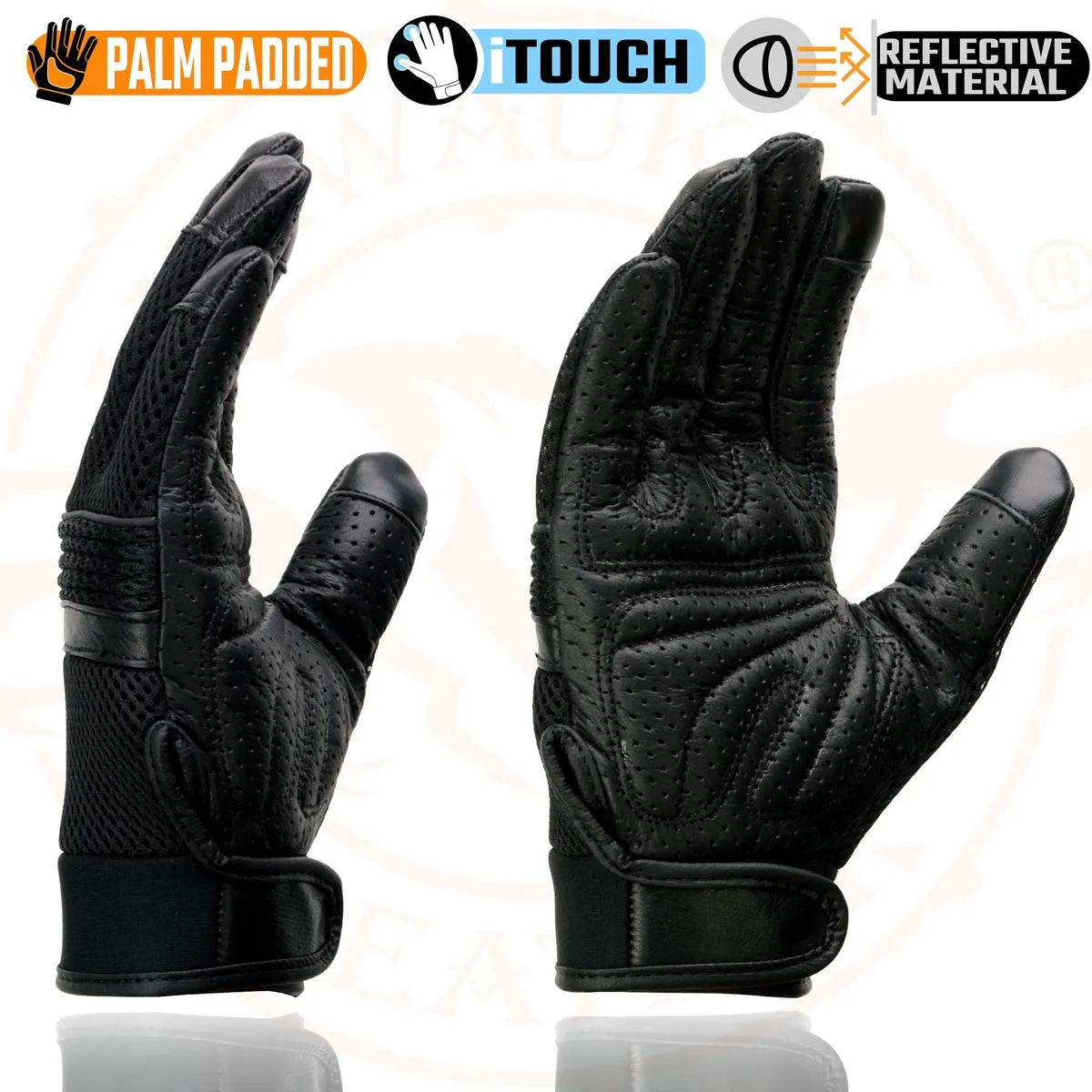 Milwaukee Leather MG7503 Men's Black Leather  i-Touch Screen Compatible Mesh Racing Motorcycle Hand Gloves W/ Reflector