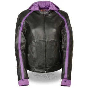 Milwaukee Leather SH1951 Women's Striped Black and Purple Leather Jacket with Zip-Out Hoodie