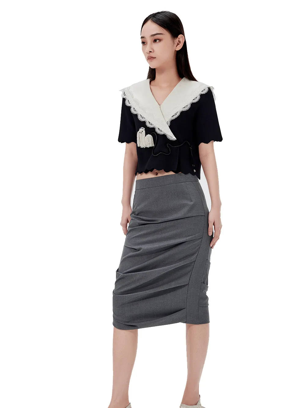 MUKZIN Gray Pleated Midi Skirt