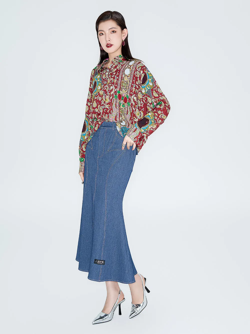 MUKZIN Linglong "Playing Fish" Vintage Fish-tail Denim Skirt