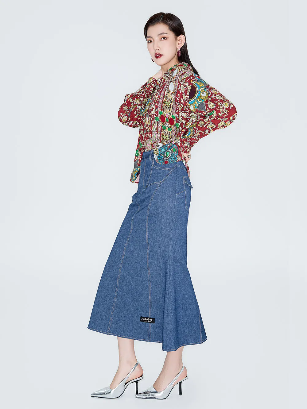 MUKZIN Linglong "Playing Fish" Vintage Fish-tail Denim Skirt