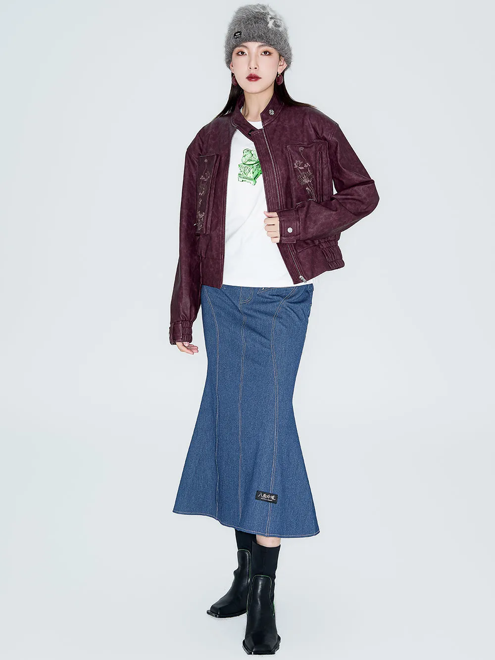 MUKZIN Linglong "Playing Fish" Vintage Fish-tail Denim Skirt