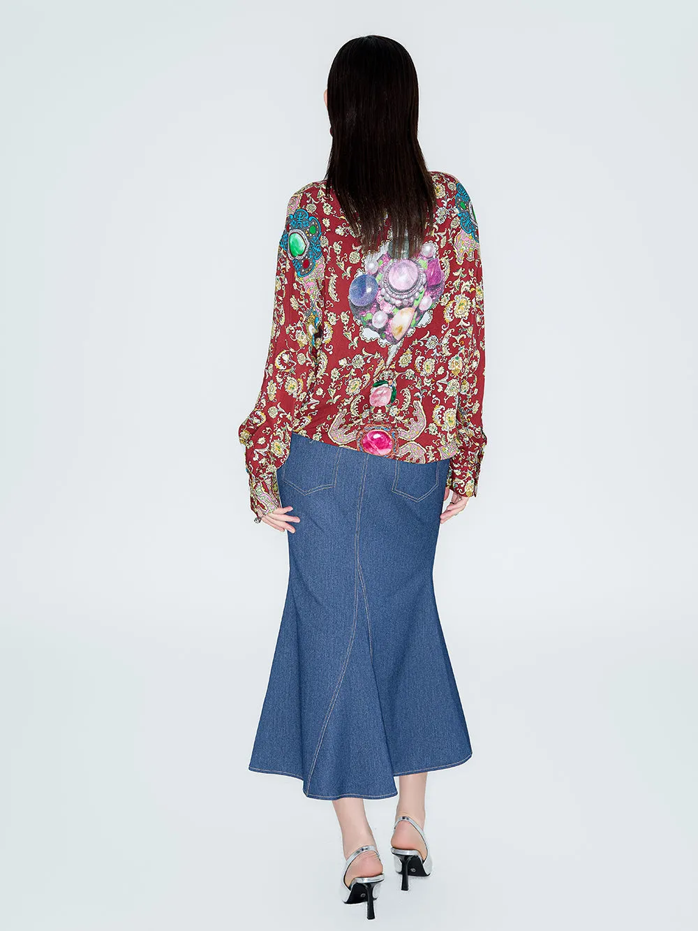 MUKZIN Linglong "Playing Fish" Vintage Fish-tail Denim Skirt