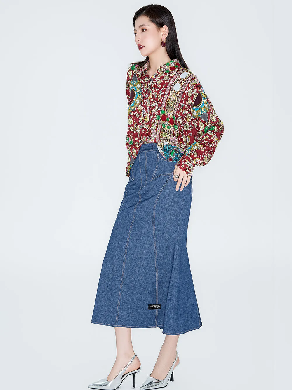 MUKZIN Linglong "Playing Fish" Vintage Fish-tail Denim Skirt