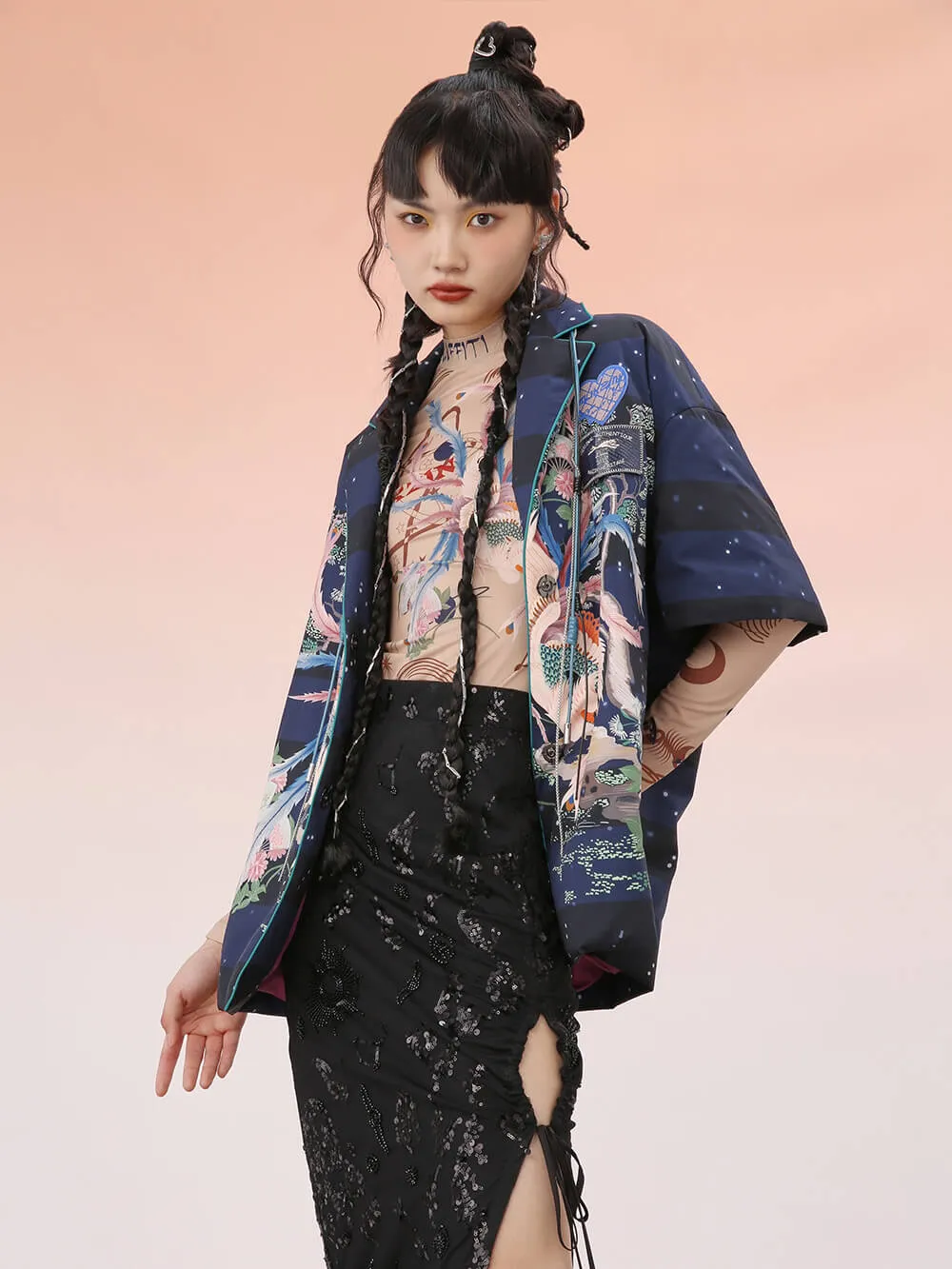 MUKZIN Loose Fit Short-Sleeve Printed Down Jacket Coat