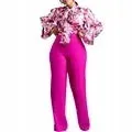 Natalie 2 Piece Women's Flower Print Top Shirt Pants Suit (Wide-leg Pants)