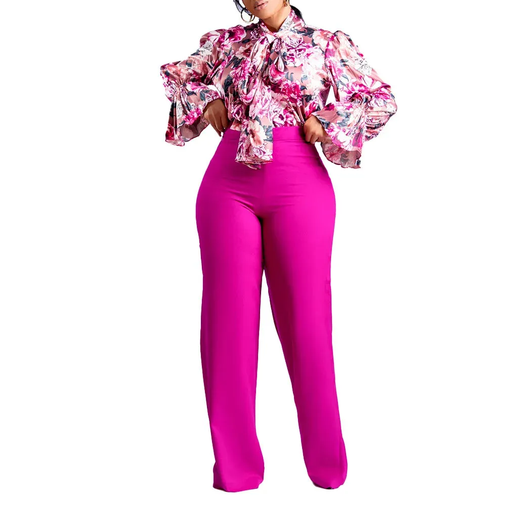 Natalie 2 Piece Women's Flower Print Top Shirt Pants Suit (Wide-leg Pants)