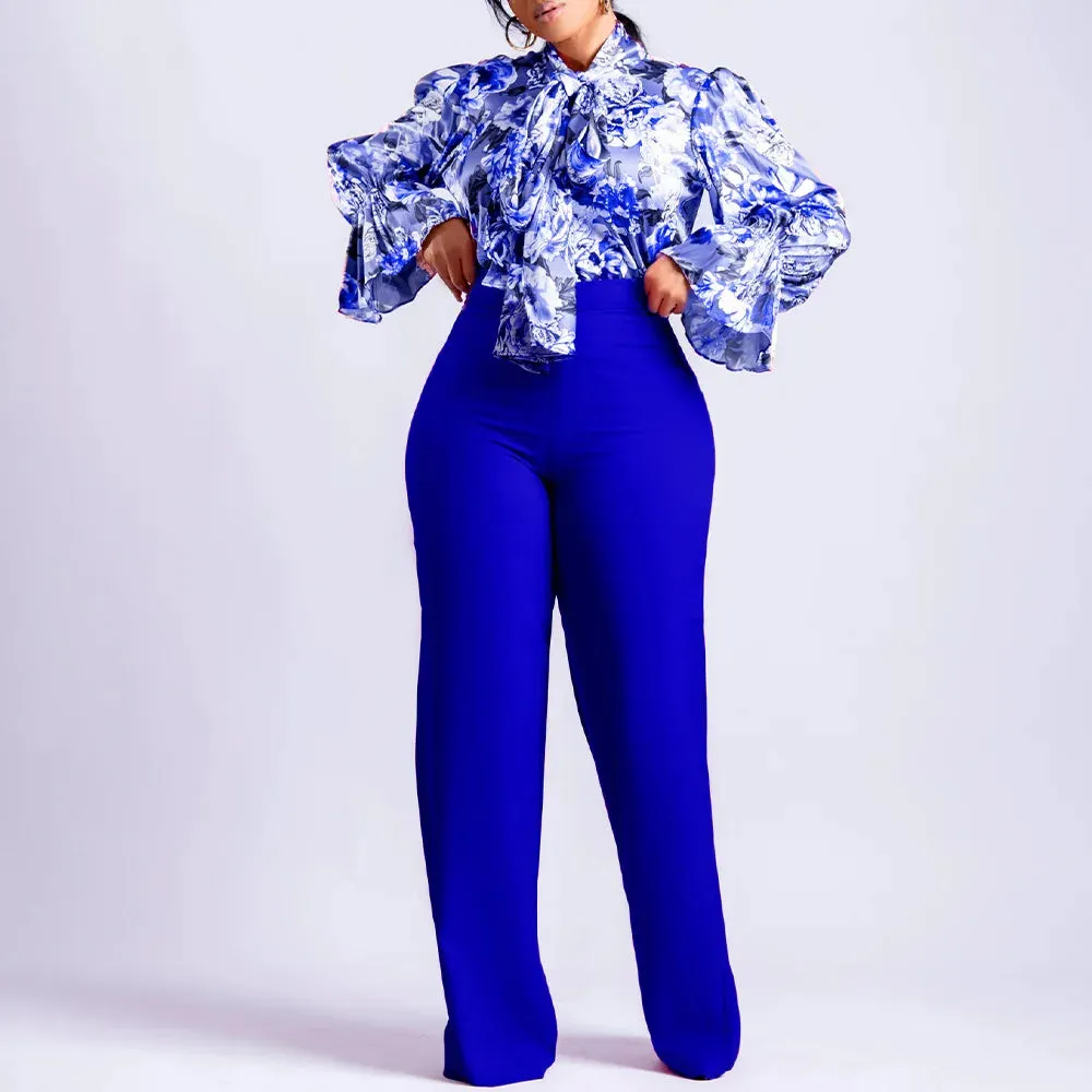 Natalie 2 Piece Women's Flower Print Top Shirt Pants Suit (Wide-leg Pants)