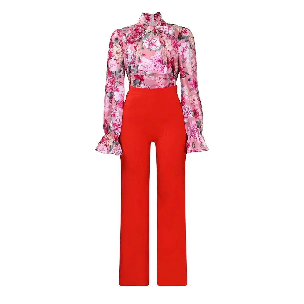 Natalie 2 Piece Women's Flower Print Top Shirt Pants Suit (Wide-leg Pants)