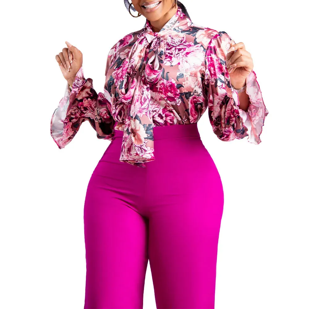 Natalie 2 Piece Women's Flower Print Top Shirt Pants Suit (Wide-leg Pants)