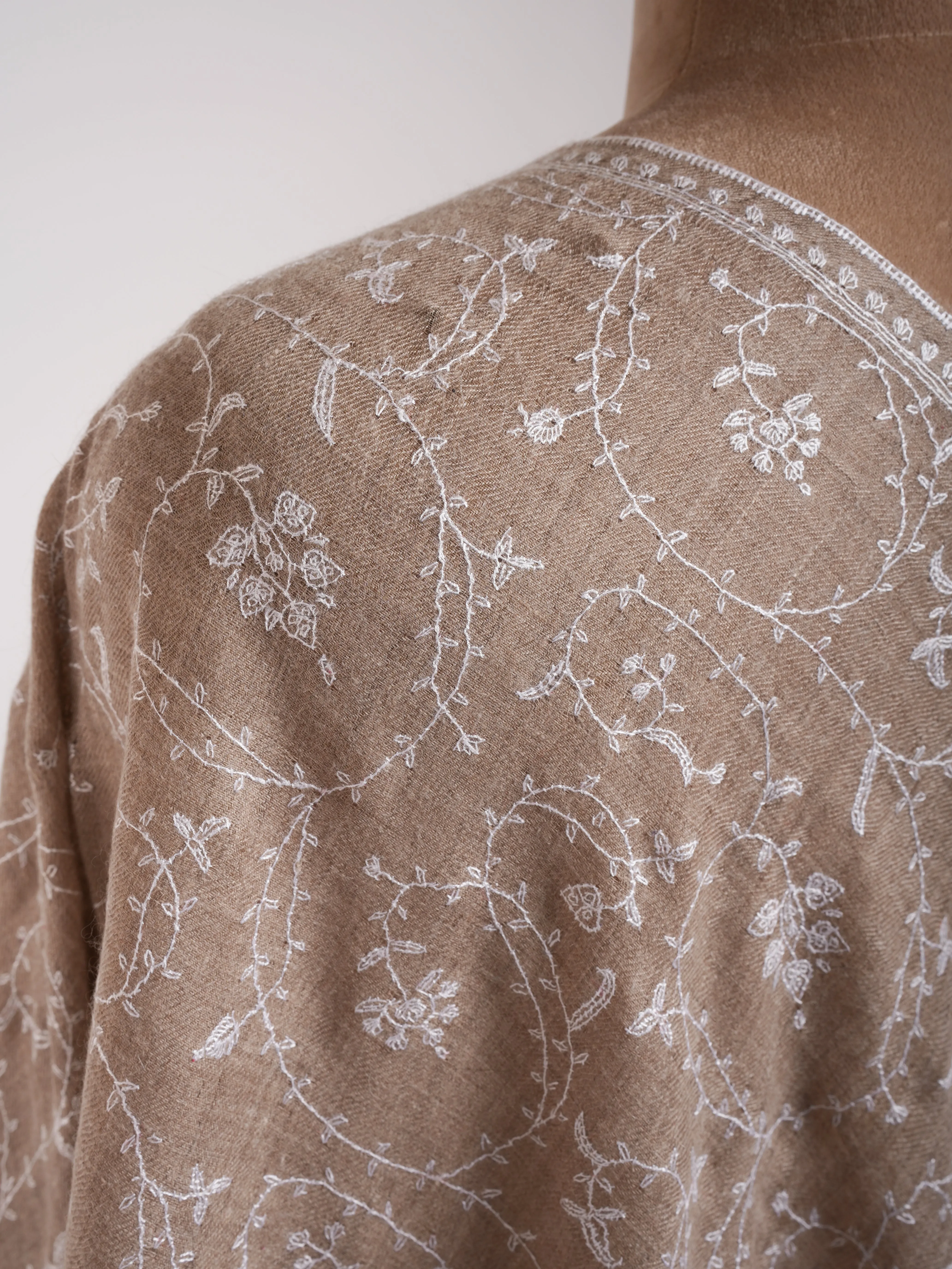 Natural Beige Cashmere Scarf with White Sozni Embroidery