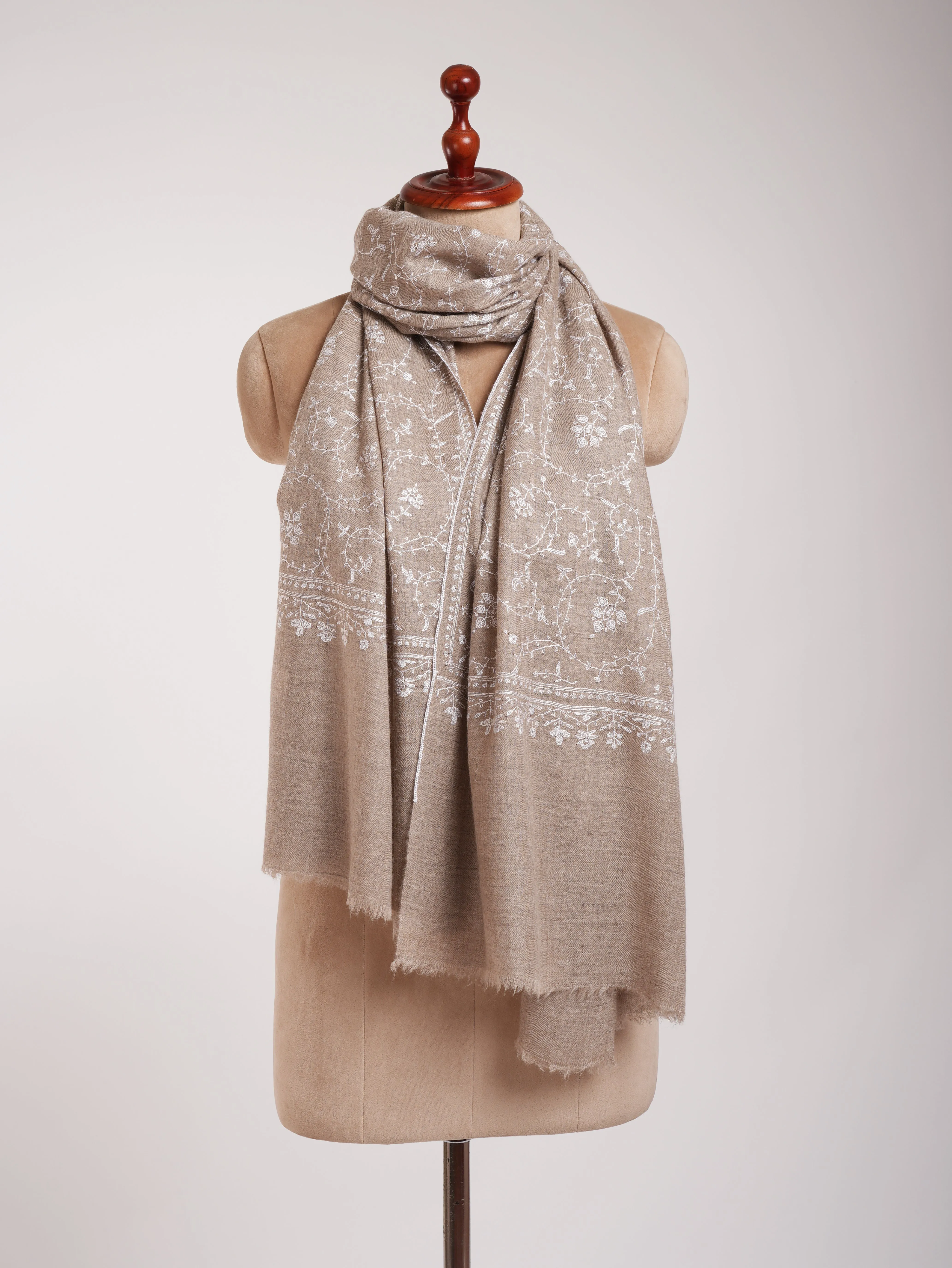 Natural Beige Cashmere Scarf with White Sozni Embroidery