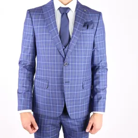 Navy/ Light Blue Avanti Milano Peak Lapel Window Pane Patterned Three Piece Suit