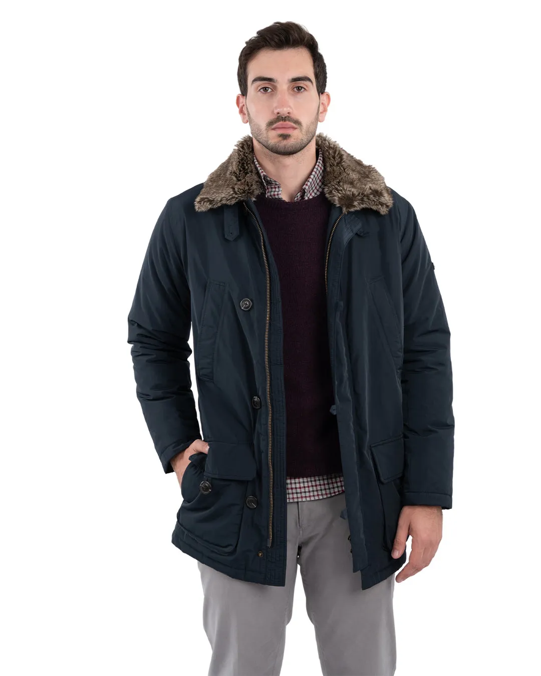 Navy Parka With Detachable Faux Fur Collar