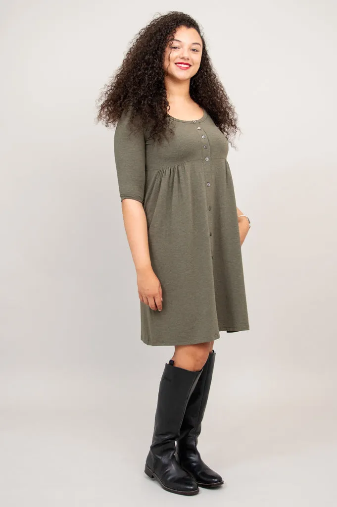 Nelly 3/4 Sleeve Dress, Yarn Dye Khaki, Bamboo