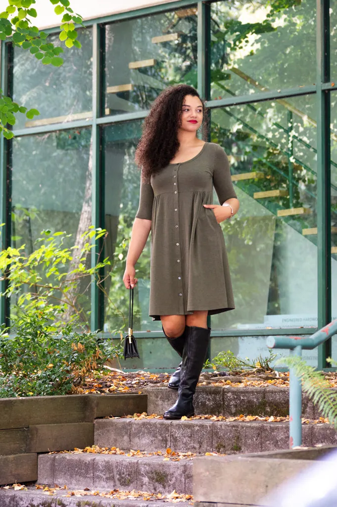 Nelly 3/4 Sleeve Dress, Yarn Dye Khaki, Bamboo