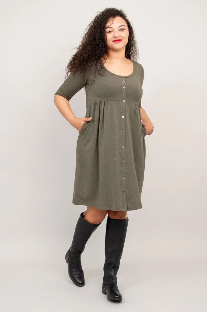 Nelly 3/4 Sleeve Dress, Yarn Dye Khaki, Bamboo