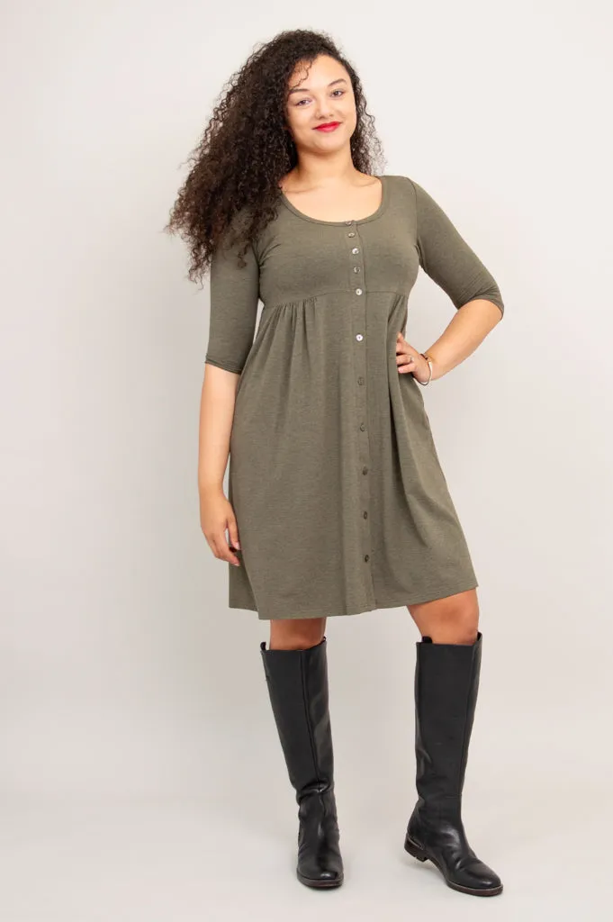 Nelly 3/4 Sleeve Dress, Yarn Dye Khaki, Bamboo