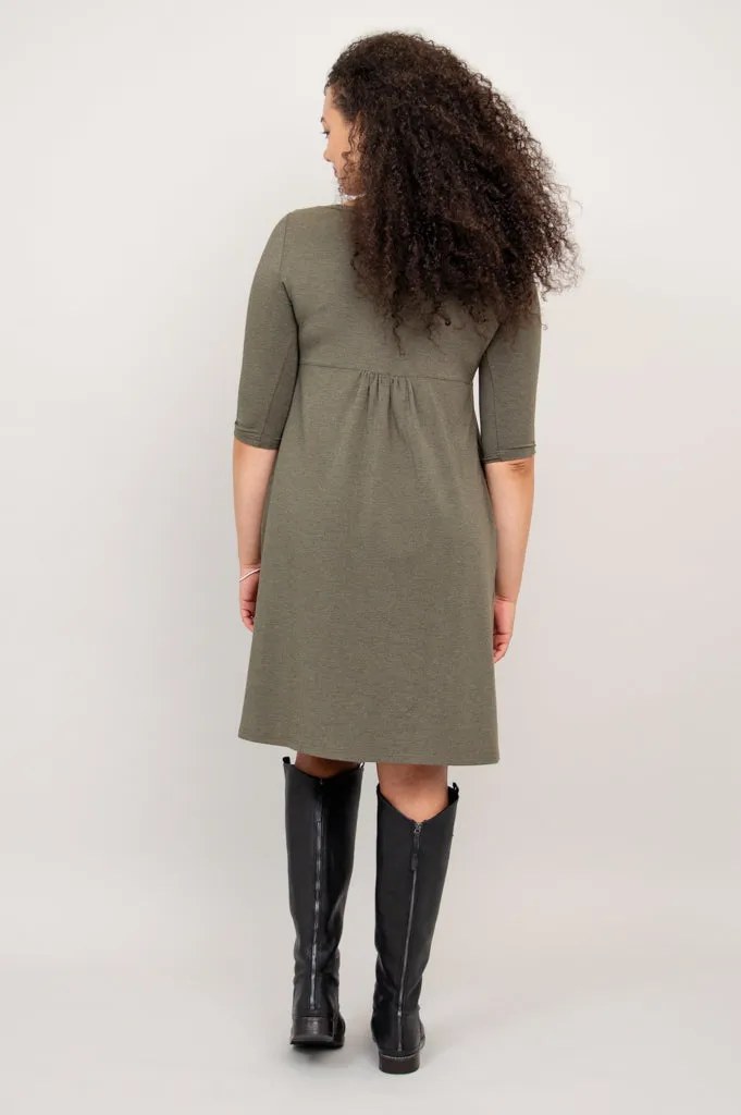 Nelly 3/4 Sleeve Dress, Yarn Dye Khaki, Bamboo