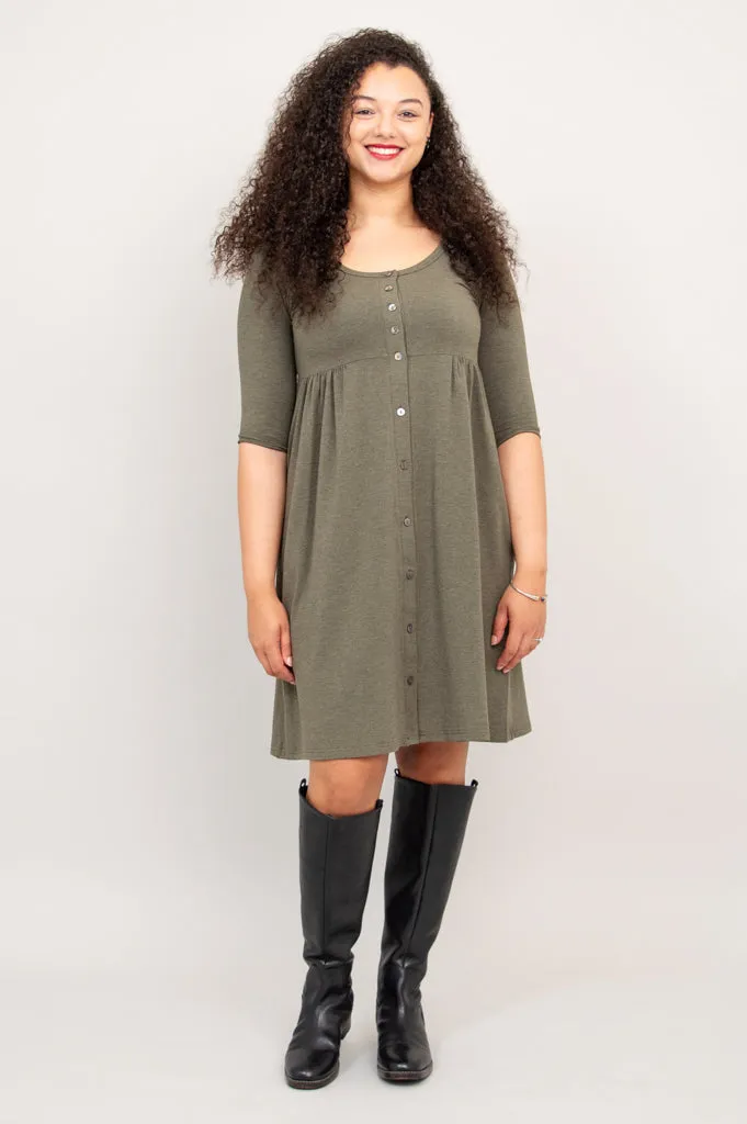 Nelly 3/4 Sleeve Dress, Yarn Dye Khaki, Bamboo