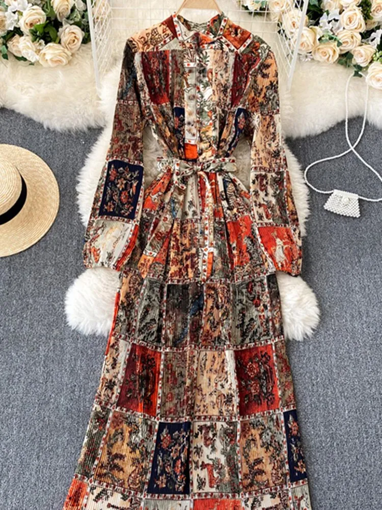 New Dress Temperament Turtleneck Waist Slim Long Sleeves Lace Up Wild Floral Maxi