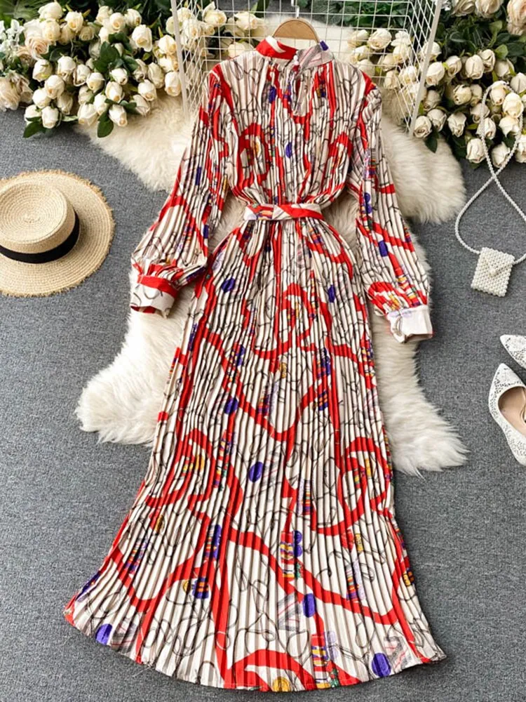 New Dress Temperament Turtleneck Waist Slim Long Sleeves Lace Up Wild Floral Maxi