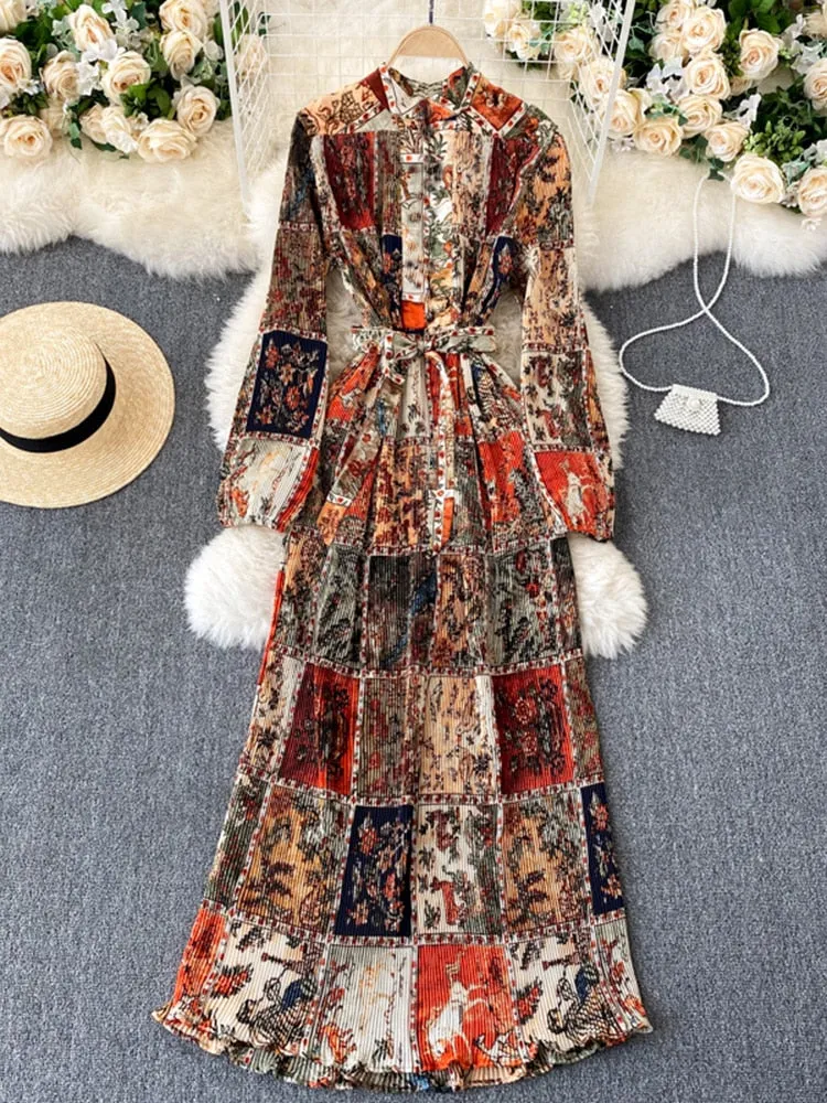 New Dress Temperament Turtleneck Waist Slim Long Sleeves Lace Up Wild Floral Maxi