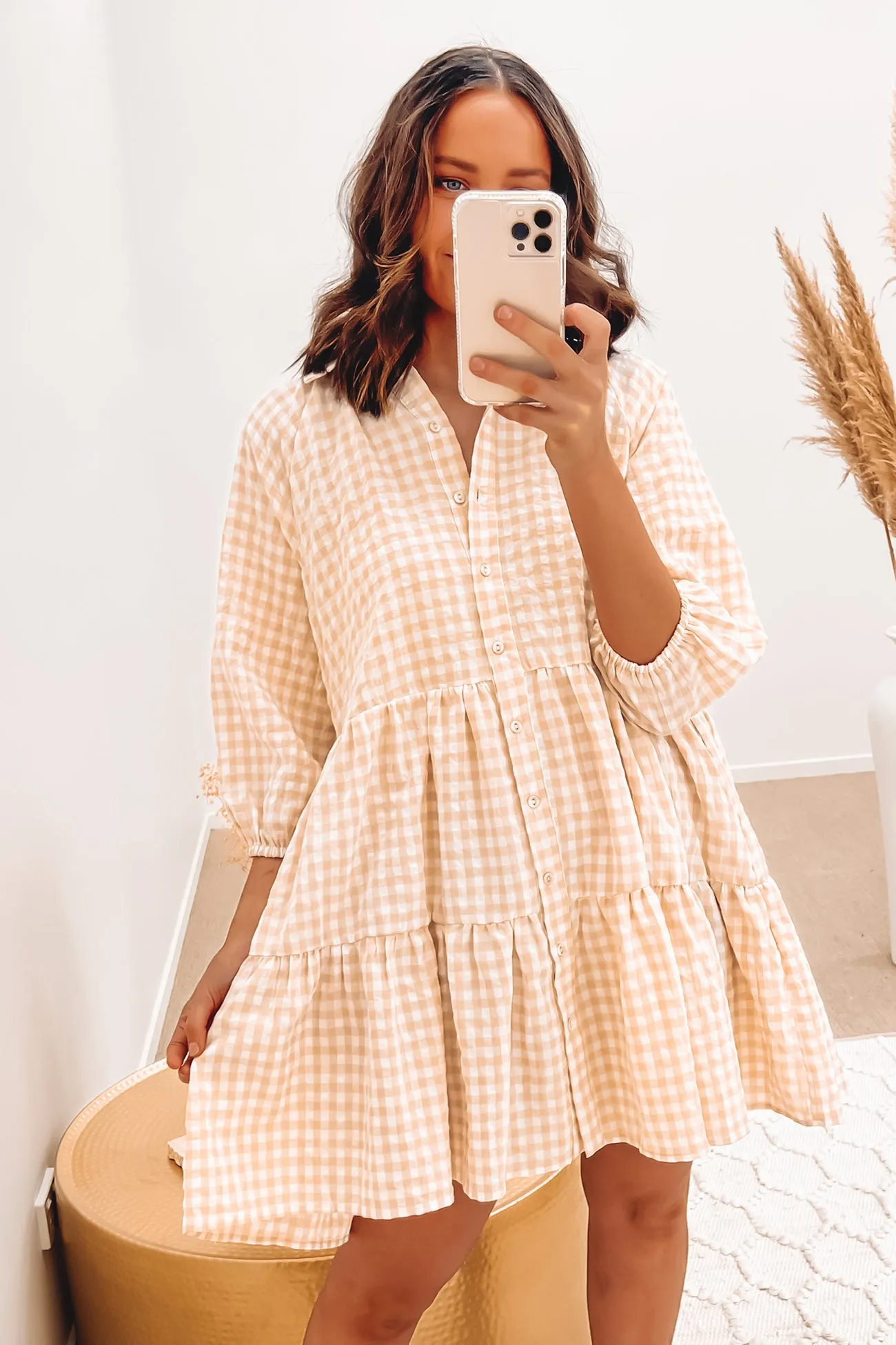 Nila Mini Dress Beige Gingham