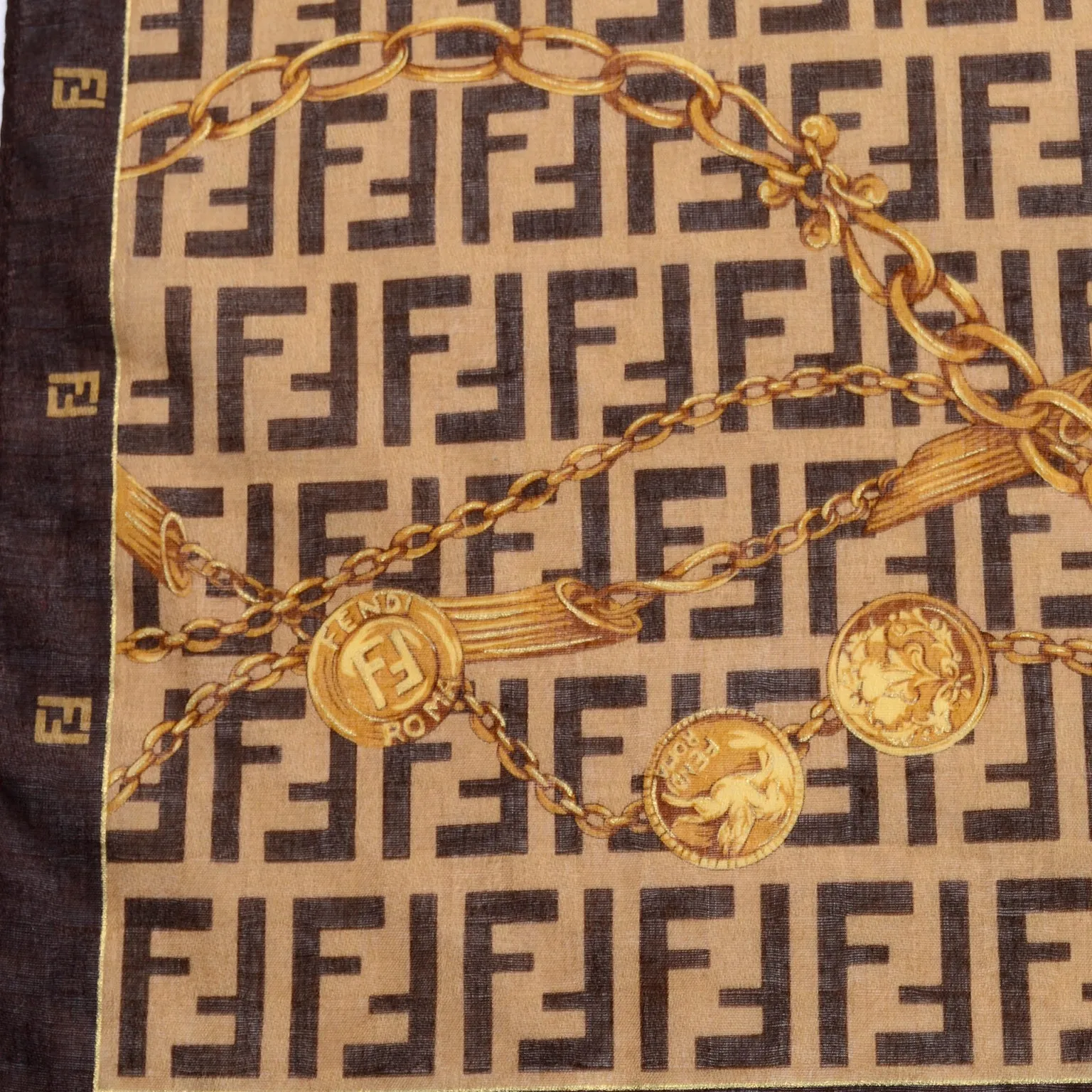 ON HOLD // Fendi Vintage Gold Chain Belt Print Scarf in Brown and Gold Cotton