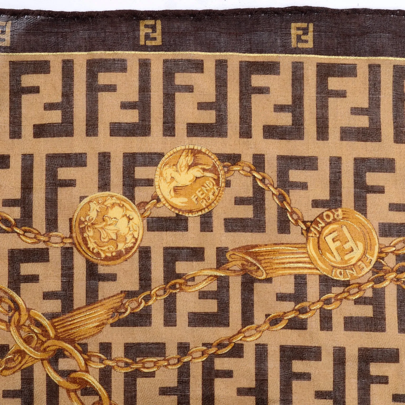 ON HOLD // Fendi Vintage Gold Chain Belt Print Scarf in Brown and Gold Cotton