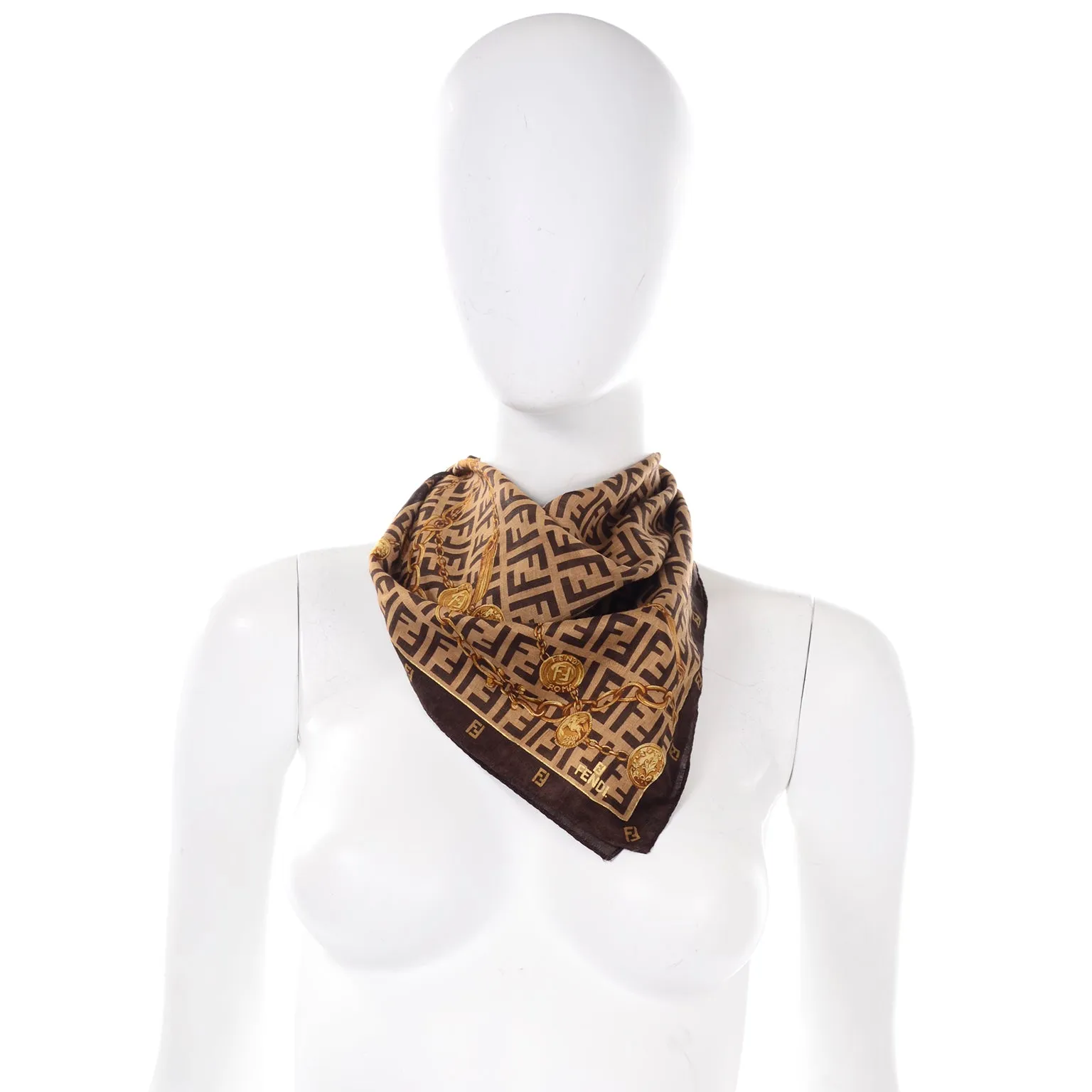 ON HOLD // Fendi Vintage Gold Chain Belt Print Scarf in Brown and Gold Cotton