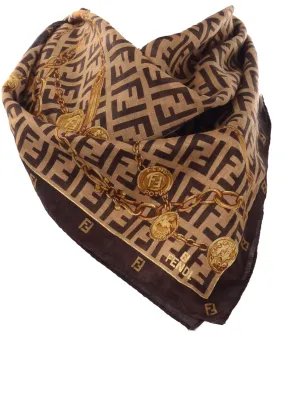 ON HOLD // Fendi Vintage Gold Chain Belt Print Scarf in Brown and Gold Cotton