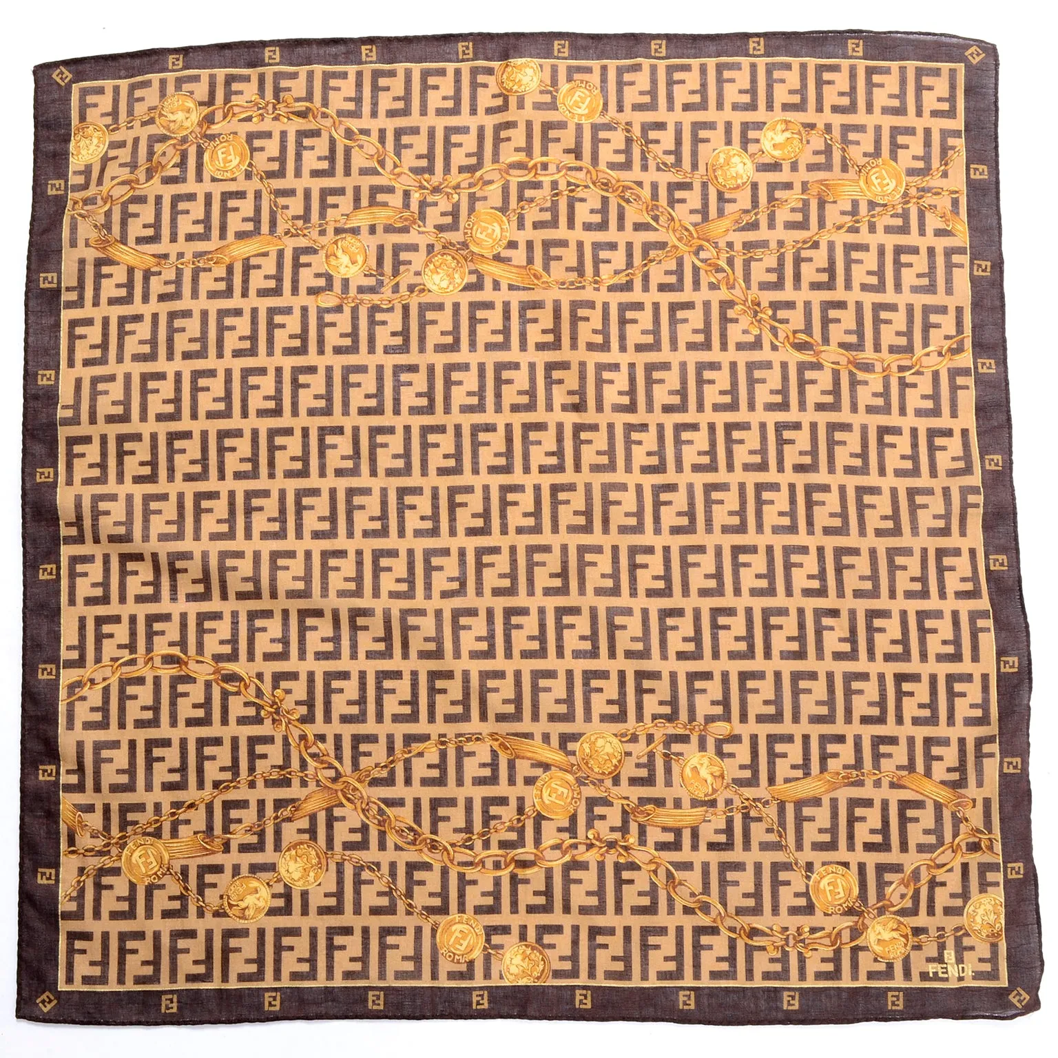 ON HOLD // Fendi Vintage Gold Chain Belt Print Scarf in Brown and Gold Cotton