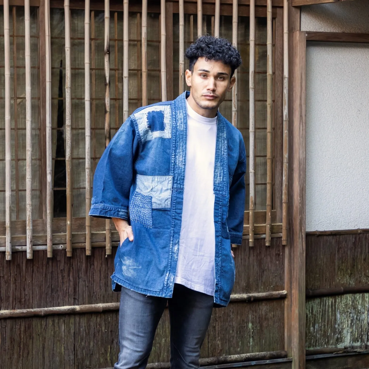 Patchwork & Distressed Kimono Denim Jacket