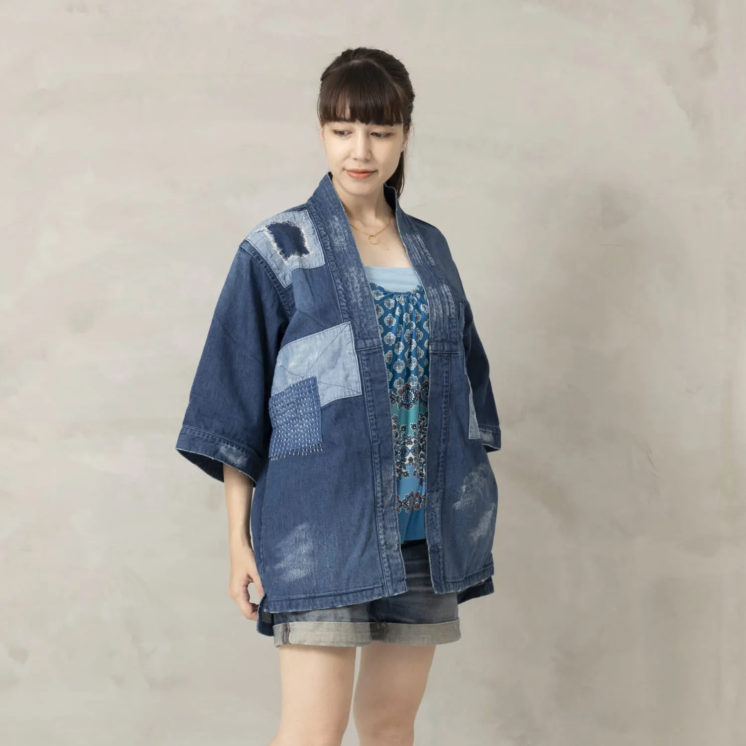 Patchwork & Distressed Kimono Denim Jacket