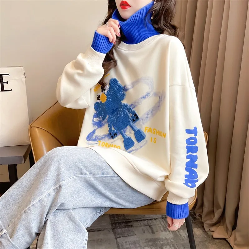 Patchwork Turtleneck Sweatshirt Pullover Oversize Loose Ladies Thin Coats Spring Cartoon Harajuku Fashion Tops