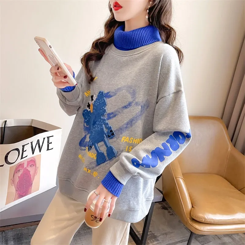 Patchwork Turtleneck Sweatshirt Pullover Oversize Loose Ladies Thin Coats Spring Cartoon Harajuku Fashion Tops