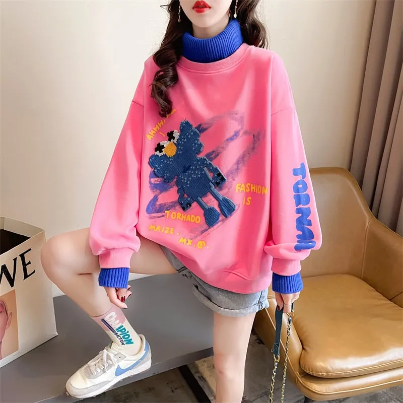 Patchwork Turtleneck Sweatshirt Pullover Oversize Loose Ladies Thin Coats Spring Cartoon Harajuku Fashion Tops