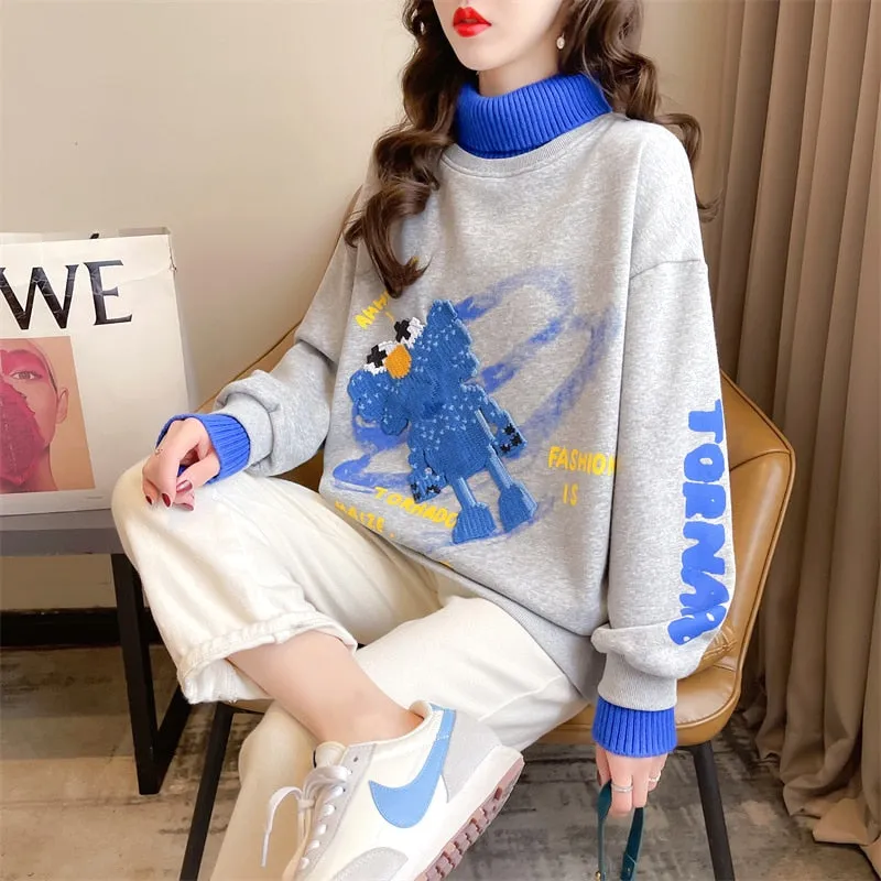 Patchwork Turtleneck Sweatshirt Pullover Oversize Loose Ladies Thin Coats Spring Cartoon Harajuku Fashion Tops