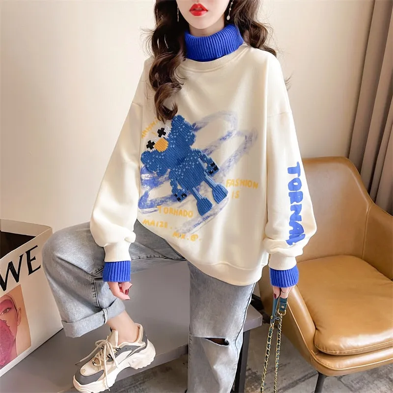 Patchwork Turtleneck Sweatshirt Pullover Oversize Loose Ladies Thin Coats Spring Cartoon Harajuku Fashion Tops