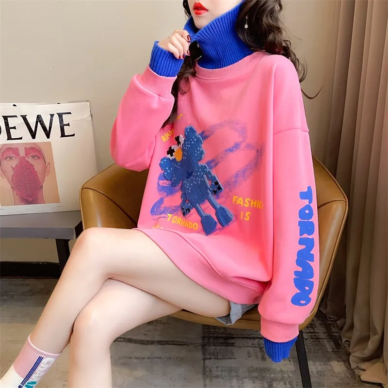 Patchwork Turtleneck Sweatshirt Pullover Oversize Loose Ladies Thin Coats Spring Cartoon Harajuku Fashion Tops