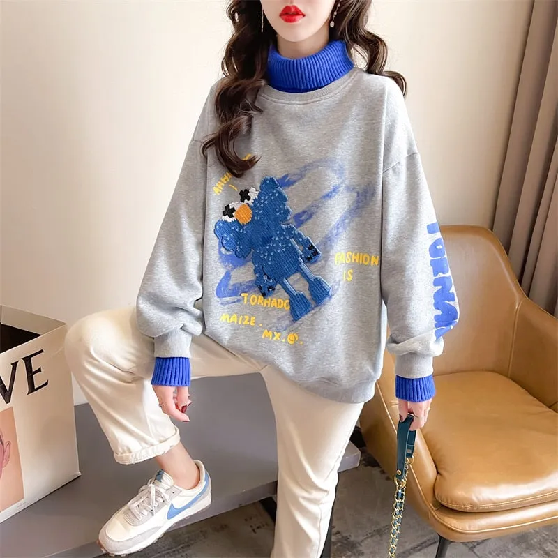 Patchwork Turtleneck Sweatshirt Pullover Oversize Loose Ladies Thin Coats Spring Cartoon Harajuku Fashion Tops