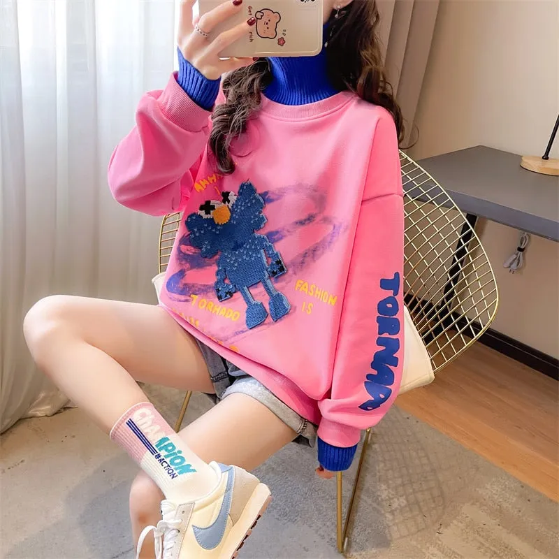 Patchwork Turtleneck Sweatshirt Pullover Oversize Loose Ladies Thin Coats Spring Cartoon Harajuku Fashion Tops