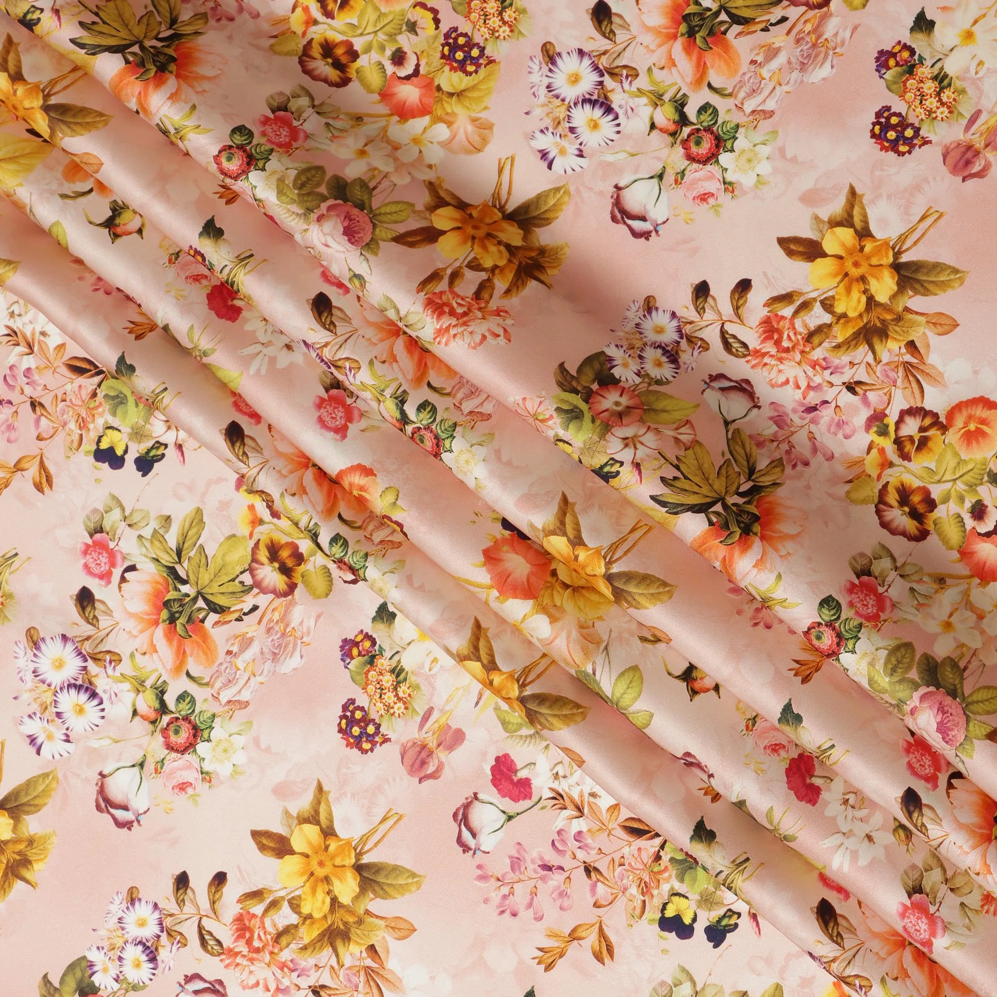 Peach Floral Pure Silk Satin Fabric - 140 cm Width, Made in Italy-D20724