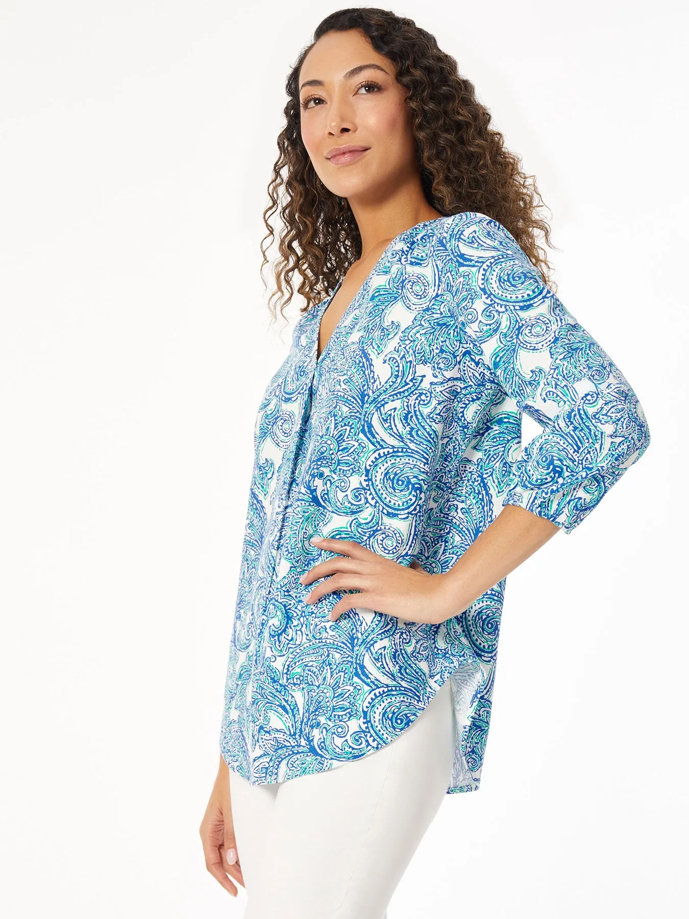 Plus Size Linen V-Neck Pleated Kelly Blouse