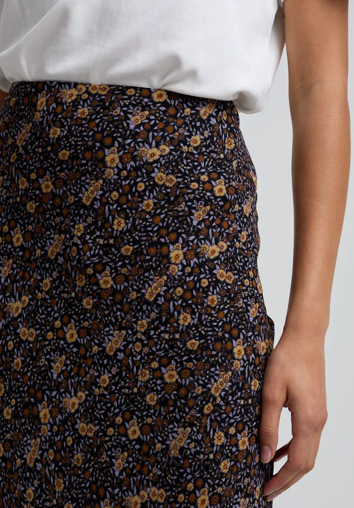 Poppy Bias Cut Aster Print Midi Skirt In Brown